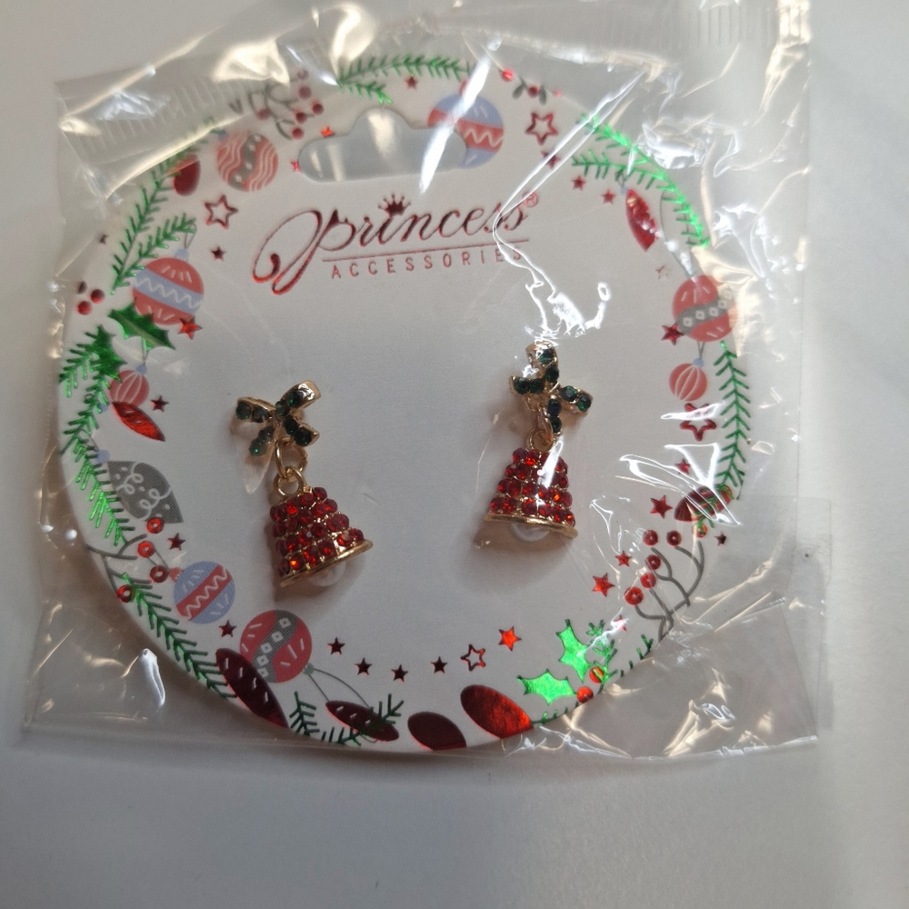 Princess Accessories Red Green Gold Tone Bell Earrings Rhinestone & Faux Pearl
